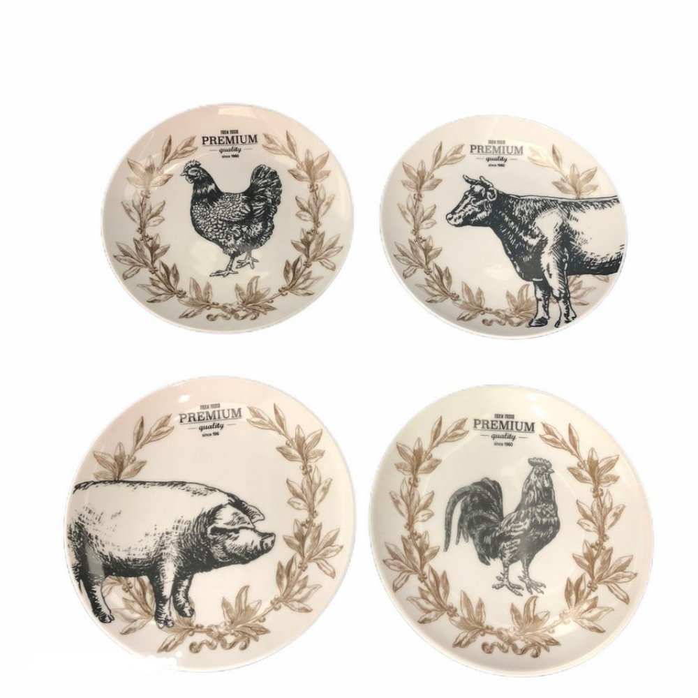 Fitz and Floyd Farmstead Home 4 Appetizer Plates Cow Pig Hen Rooster Farmhouse